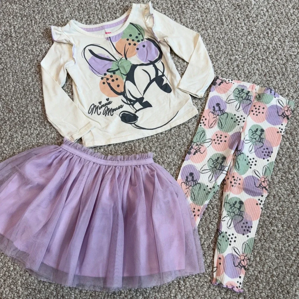 Disney Minnie Mouse 3 Piece Outfit‎ Set Girls Kids Top Leggings Skirt Size 2T